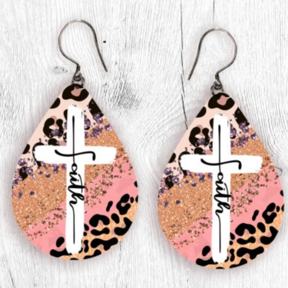 Leopard Print Faith Cross Earrings - Pink and Gold - Picture 1 of 1